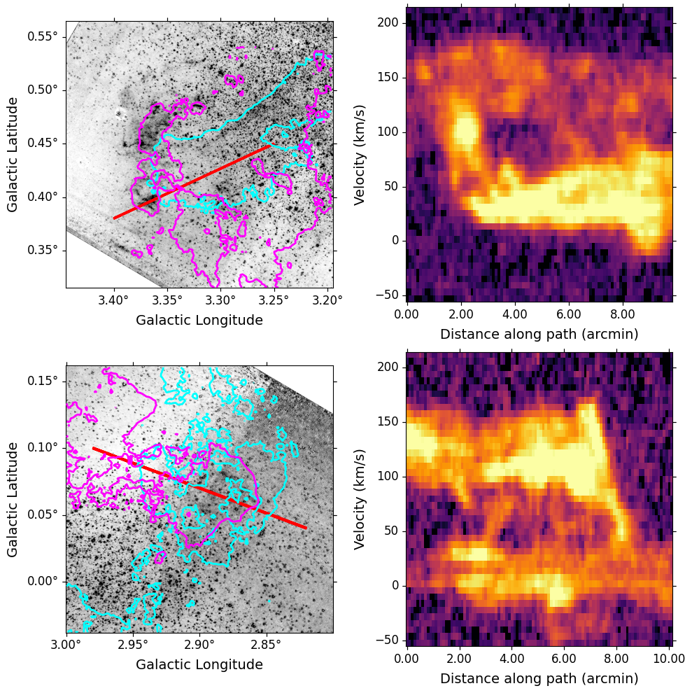 maps and position-velocity diagrams of clouds at l ~ 3.3 and 2.9 deg