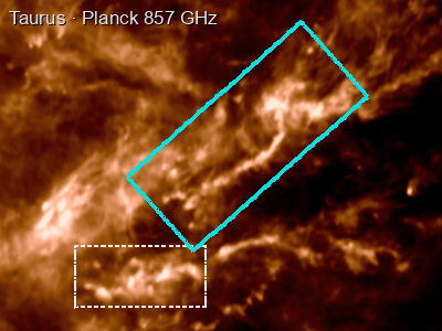 Taurus in Planck 857 GHz, with this field (cyan) and the next slide's (dashed)