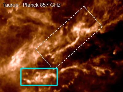 Taurus in Planck 857 GHz, with this field (cyan) and the previous slide's (dashed)